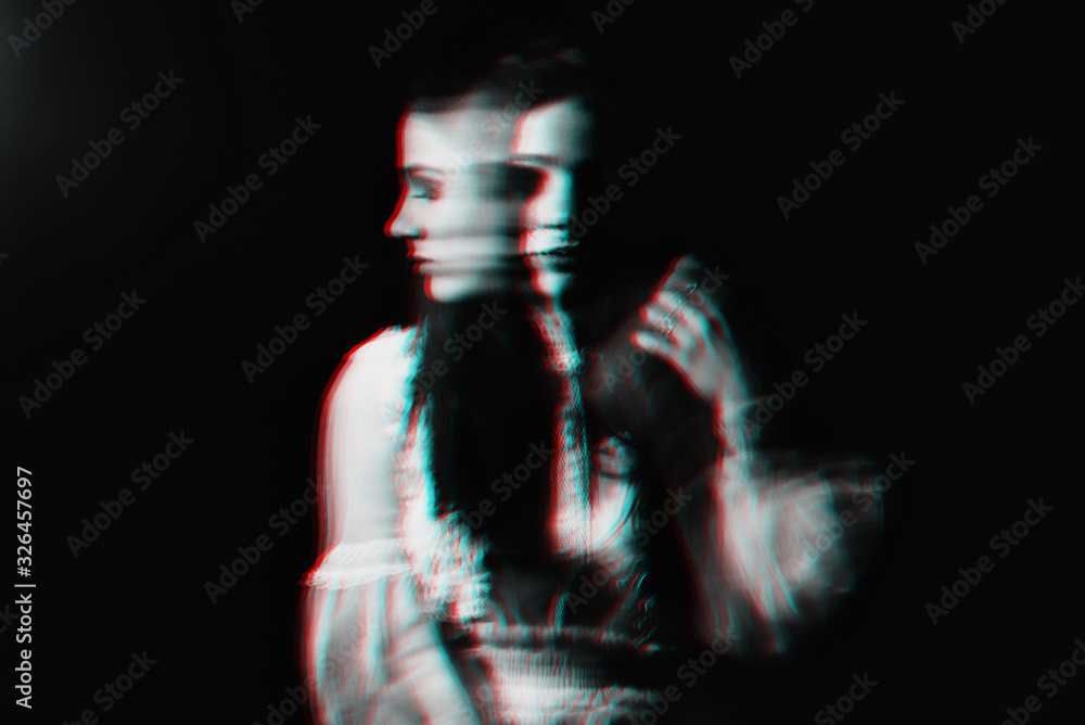 abstract portrait of a girl with mental disorders and schizophrenic diseases with blur - obrazy, fototapety, plakaty 