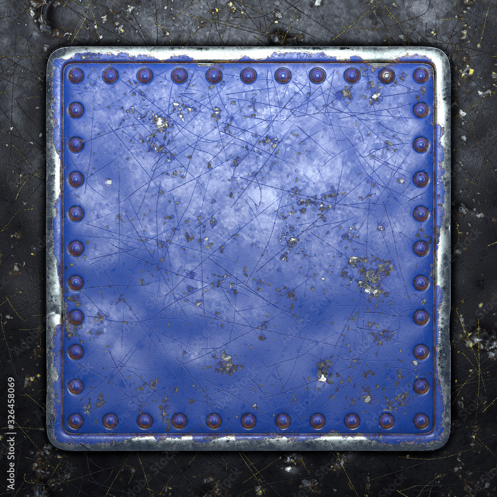 Painted blue metal with rivets in the shape of a square in the center on black metal background. 3d