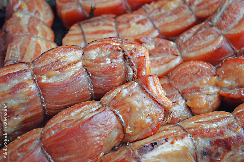 Homemade smoked pork belly.Bacon.
