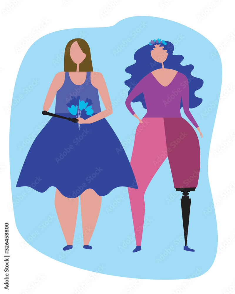 A woman with a prosthetic leg and a European girl with a prosthetic leg, a vector stock illustration as a concept of inclusiveness and friendship A woman with a prosthetic leg and a European girl with a prosthetic leg, a vector stock illustration as a concept of inclusiveness and friendship