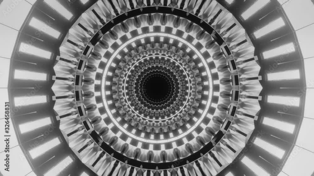 Black and white. Flying Through in an Abstract Glowing Tunnel Black and white. Flying Through in an Abstract Glowing Tunnel