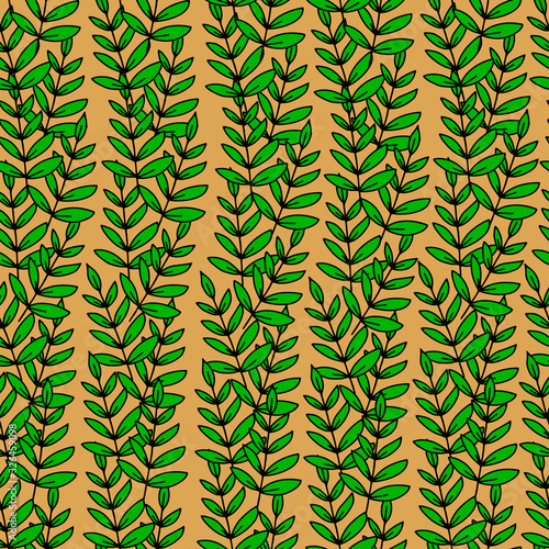 Branch with leaves seamless pattern on a mustard background.Green leaf.Spring and summer leaves.Printing on textiles.Vector