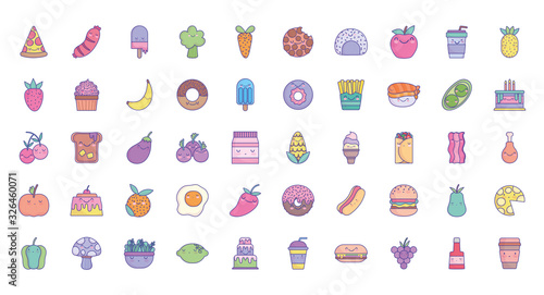 food cute cartoon character menu restaurant diet icons set flat style icon