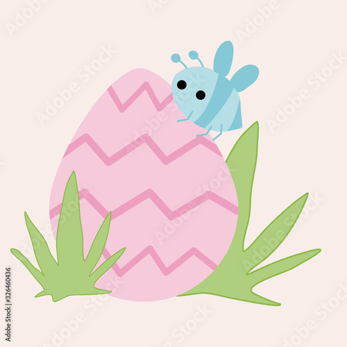 pink easter egg and bee, vector illustration