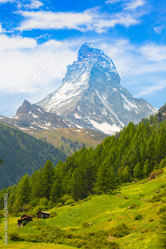 The peak of Matterhorn in Switzerland from the village of Zermatt in the fresh spring.