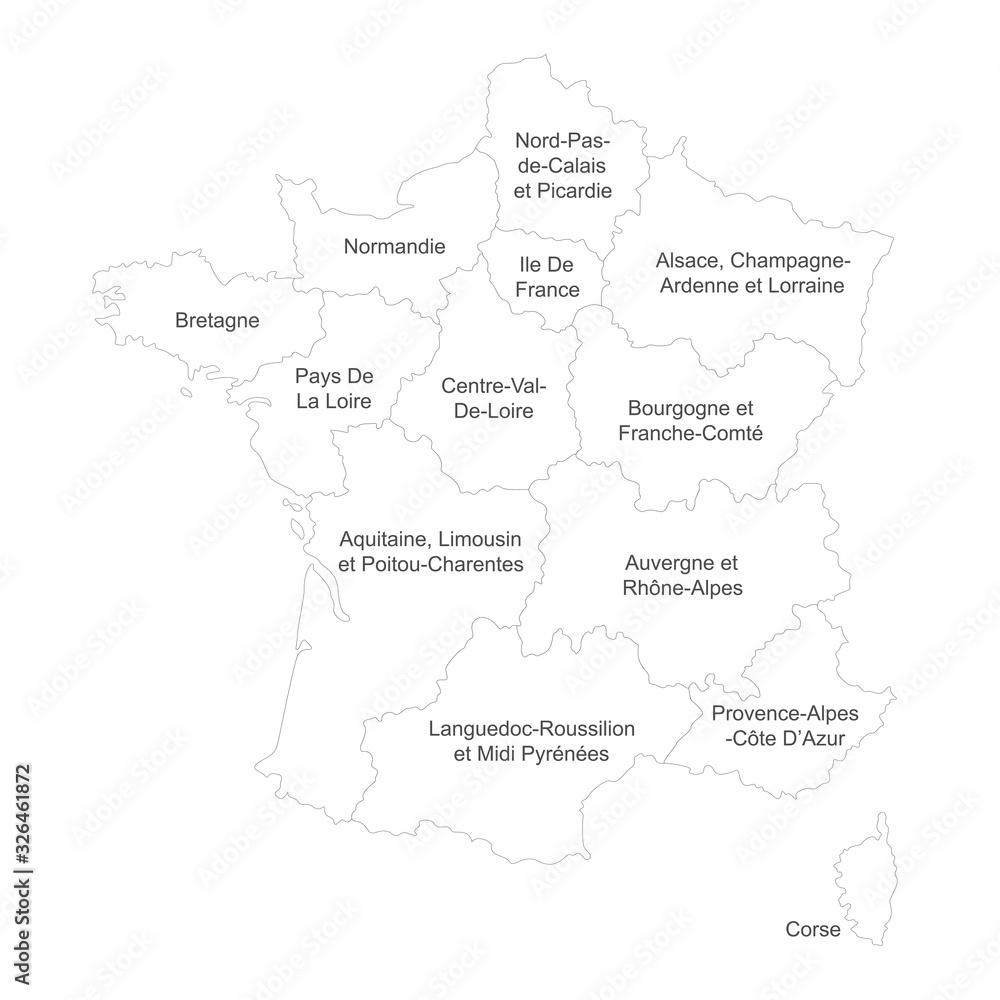France region map with name labels. Political map. Perfect for business concepts, backgrounds, backdrop, poster, sticker, banner, label and wallpaper.