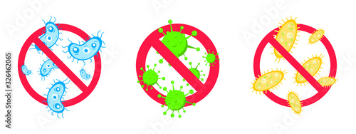 3 stop viruses and bad bacterias or germs prohobition sign. Big viruses or gems in the red stop defence circle flat style design vector illustration isolated on white background.
