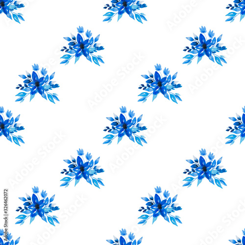 Simple elegant pattern with blue flowers on a white background.Endless floral ornament for fabric,invitations, wrapping paper, cards and other materials.