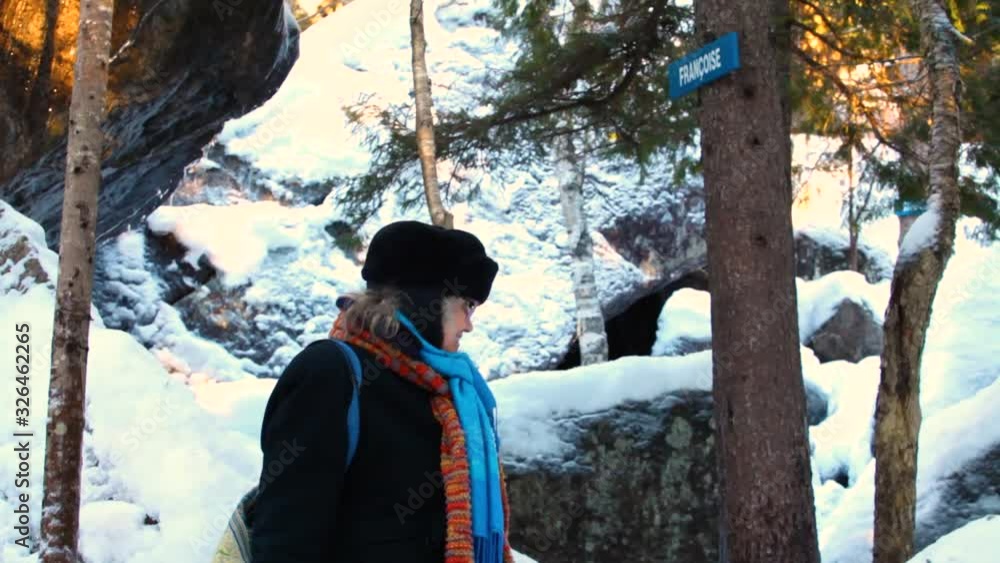 pointing at something in the middle of the forest, in wintertime - traveling up