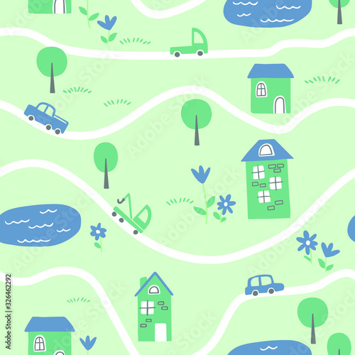 Seamless pattern of a small town and countryside. Pattern with roads, houses, trees and different cars. Perfect for kids fabric, textile, nursery wallpaper. Vector illustration. City map. Flat style.