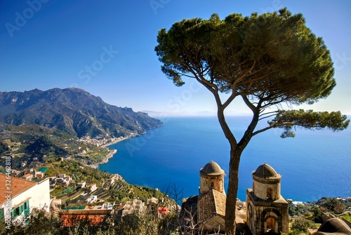 Sea view of the Amalfi coast from the terrace of Villa Rufolo in the city of Ravello. Campania, Italy.