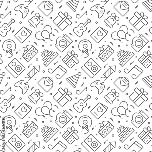 Birthday related seamless pattern with outline icons