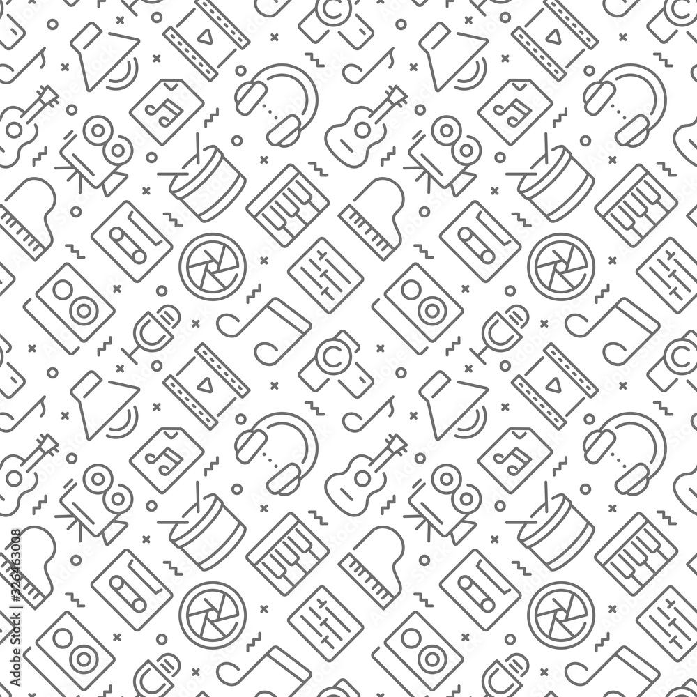 Music and video related seamless pattern with outline icons Music and video related seamless pattern with outline icons