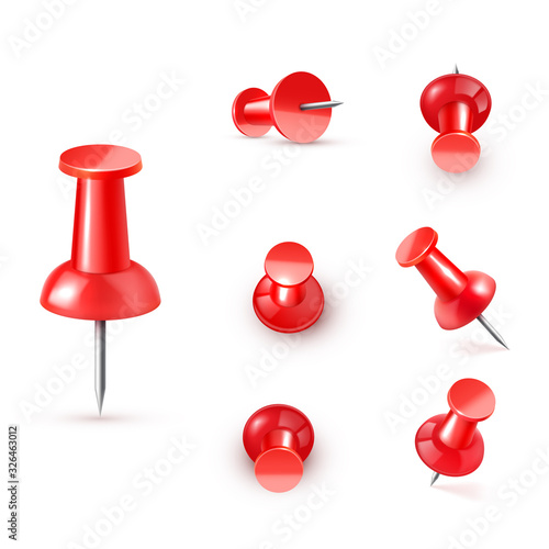Realistic vector plastic glossy red push pin 3D vector icon on white background.