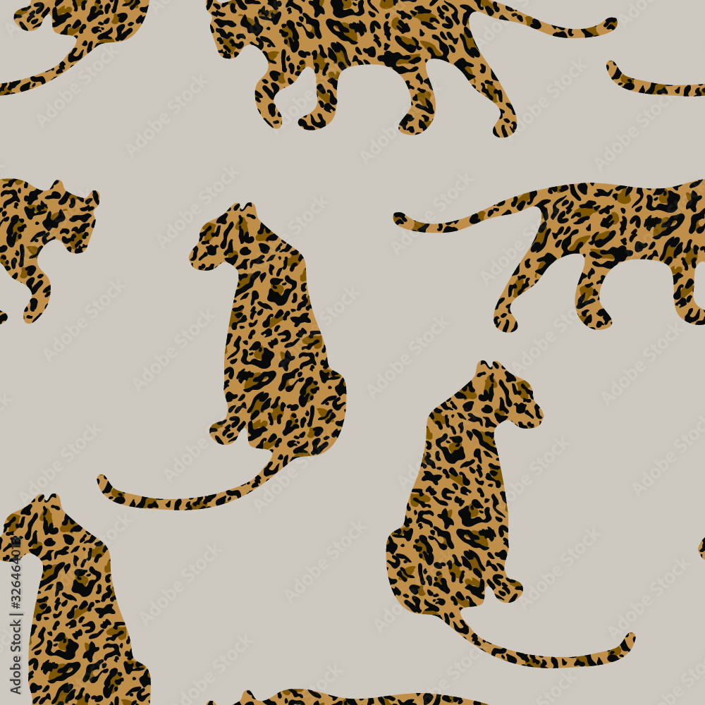 Obraz premium Fashionable leopard skin seamless pattern. Modern wild animal silhouette repeat illustration. Stylized spotted vector texture. Creative print on beige background. For fashion, fabric, tile, wallpaper
