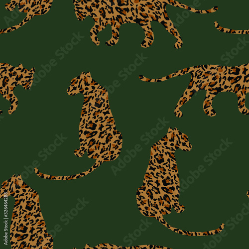 Fashionable leopard skin seamless pattern. Modern wild animal silhouette repeat illustration. Stylized spotted vector texture. Creative print on green background. For fashion, fabric, tile, wallpaper