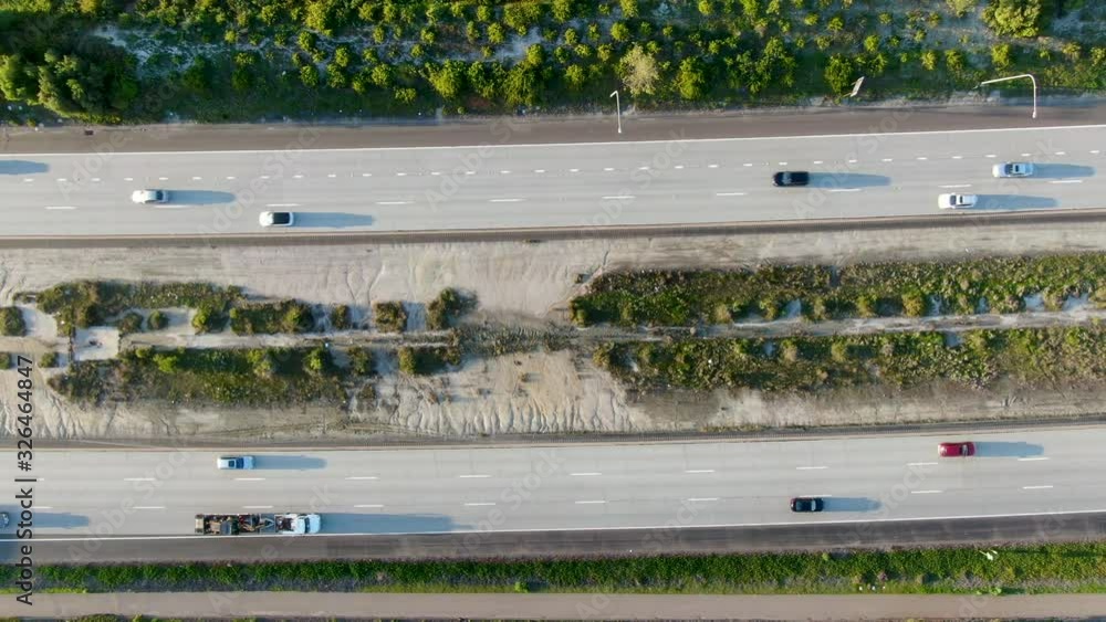 Aerial top view of highway. Intersection city transport road with vehicle movement. California, USA. Aerial top view of highway. Intersection city transport road with vehicle movement. California, USA.