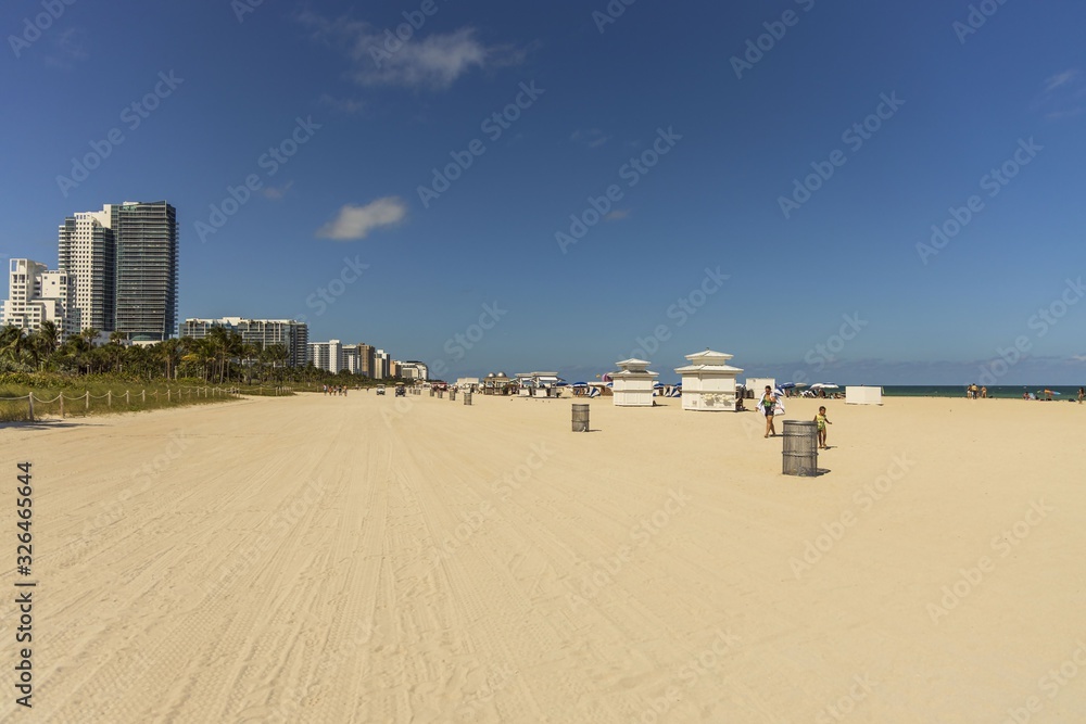 Beautiful landscape view of Miami South  Beach coast line. Sand beach, Atlantic Ocean, people  on blue sky background. USA. Miami Beach. 
