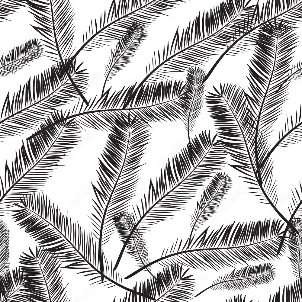 Naklejka premium Abstract seamless pattern with chaotic palm leaves like feathers. Repeated background with black elements on a white background. Vector illustration. Stylish print that can be used for cover, postcard