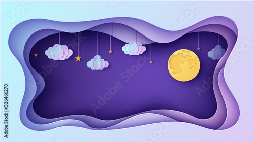 Night sky rectangular frame with stars and clouds on rope and full moon in paper cut style. Cut out 3d background papercut art. Fairy tale vector card illustration for wish good night sweet dreams