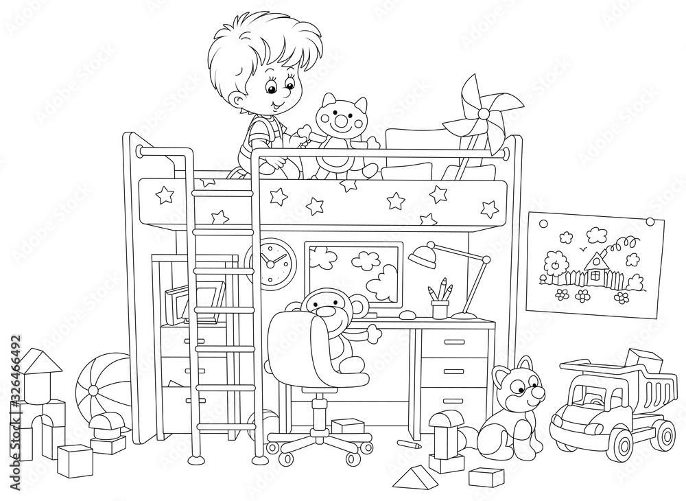 Happy small kid with toys in his nursery room with a funny bed and a table with a computer and a lamp, black and white vector cartoon illustration for a coloring book page Happy small kid with toys in his nursery room with a funny bed and a table with a computer and a lamp, black and white vector cartoon illustration for a coloring book page