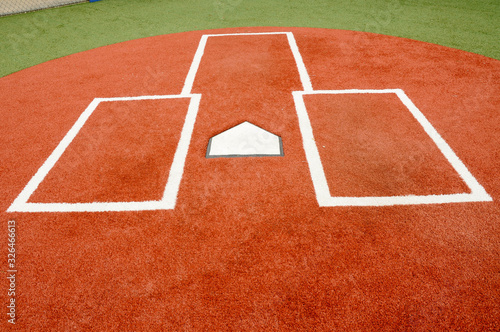Photography close up of a baseball home plate and batters box