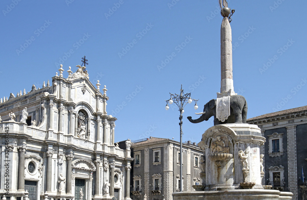 Piazza Duomo Square in Catania, Sicily, Italy.  Catania Cathedral in the background