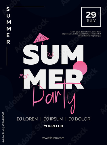 Vector illustration, banner, poster, flyer, inspired by the disco music of the 80s, 3d background, neon, summer party, dark background. Night club, music, beach. EPS10