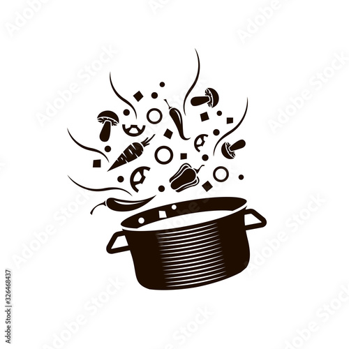 cooking process of soup on saucepan isolated on white background