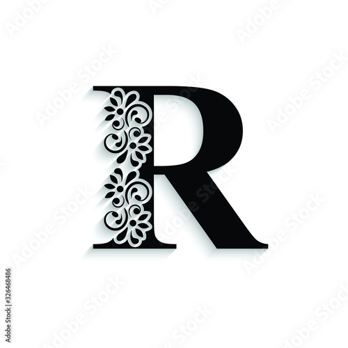 letter R. Black flower alphabet.  Beautiful capital letter with shadow