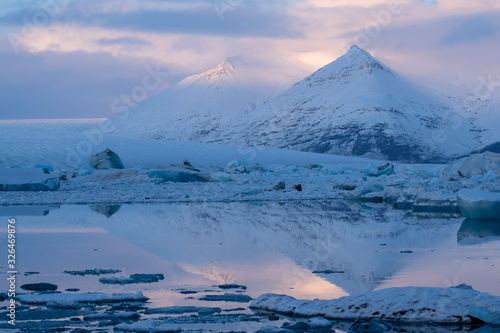 Iceland: Vatnajokull mountains reflected in the Jökulsárlón Glacier Lagoon