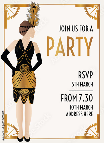 Art Deco Style Invitation Design with Gold Woman