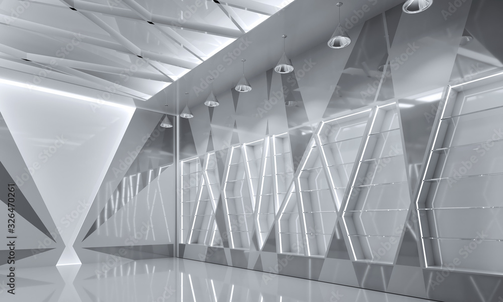 Obraz premium Shopping room with glass shelves and lights. Triangles. 3d illustration