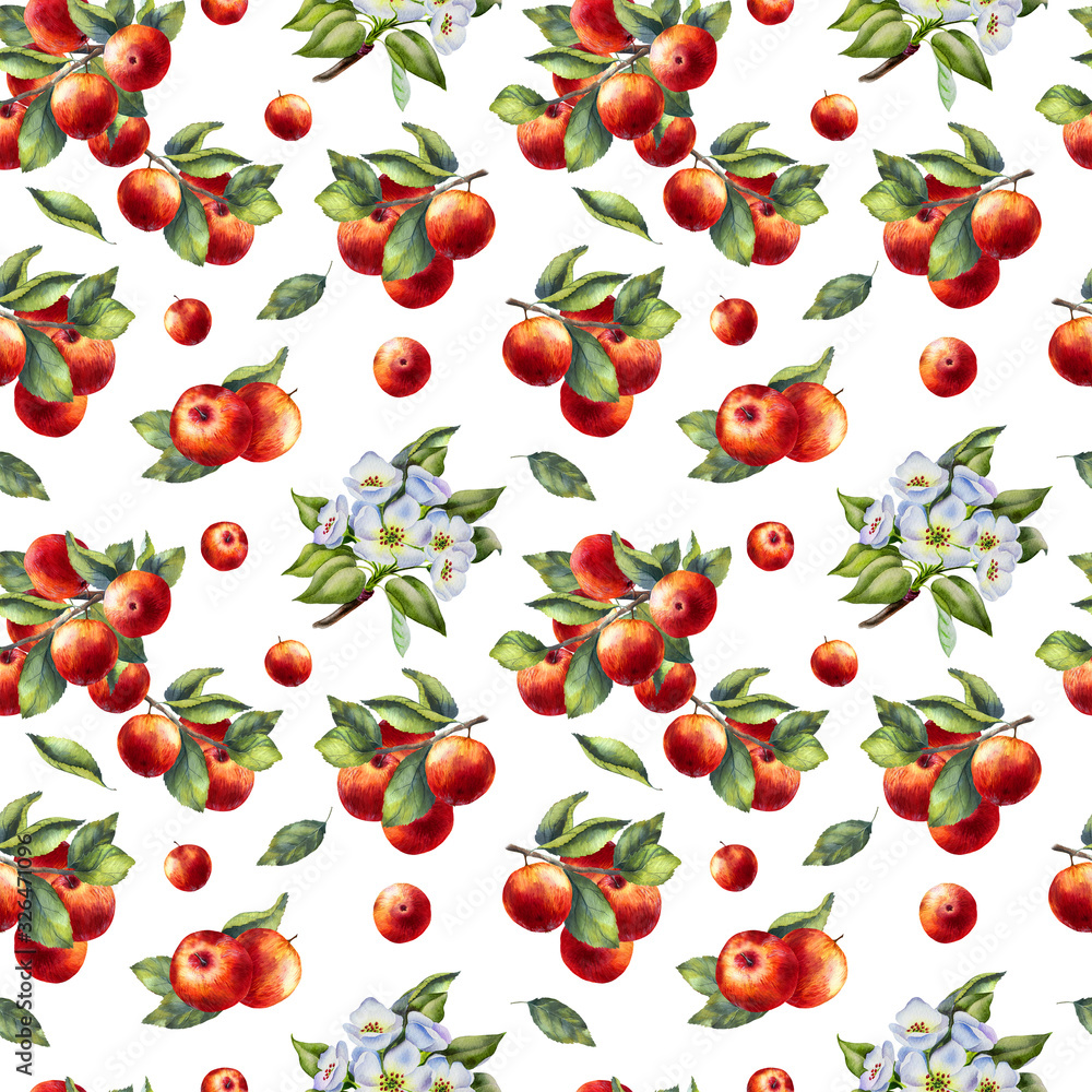 Watercolor seamless pattern with red apples, blossom branches and leaves on white background. Hand-painted. Watercolor seamless pattern with red apples, blossom branches and leaves on white background. Hand-painted.