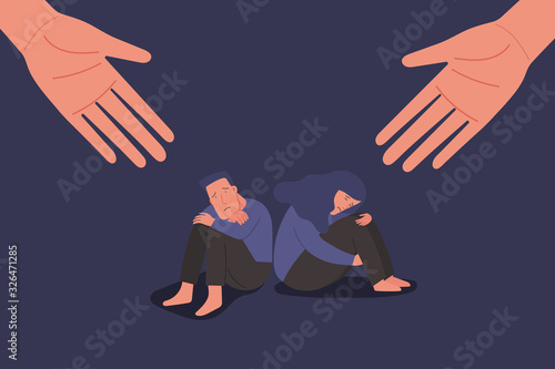 human hands helps unhappy and sad young couple, man and woman in depression sitting and hugging knees, sorrow, mental health concept, cartoon male and female character vector flat illustration