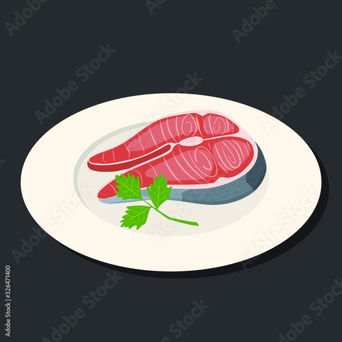 Salmon steak with parsley on a white plate. Vector illustration.
