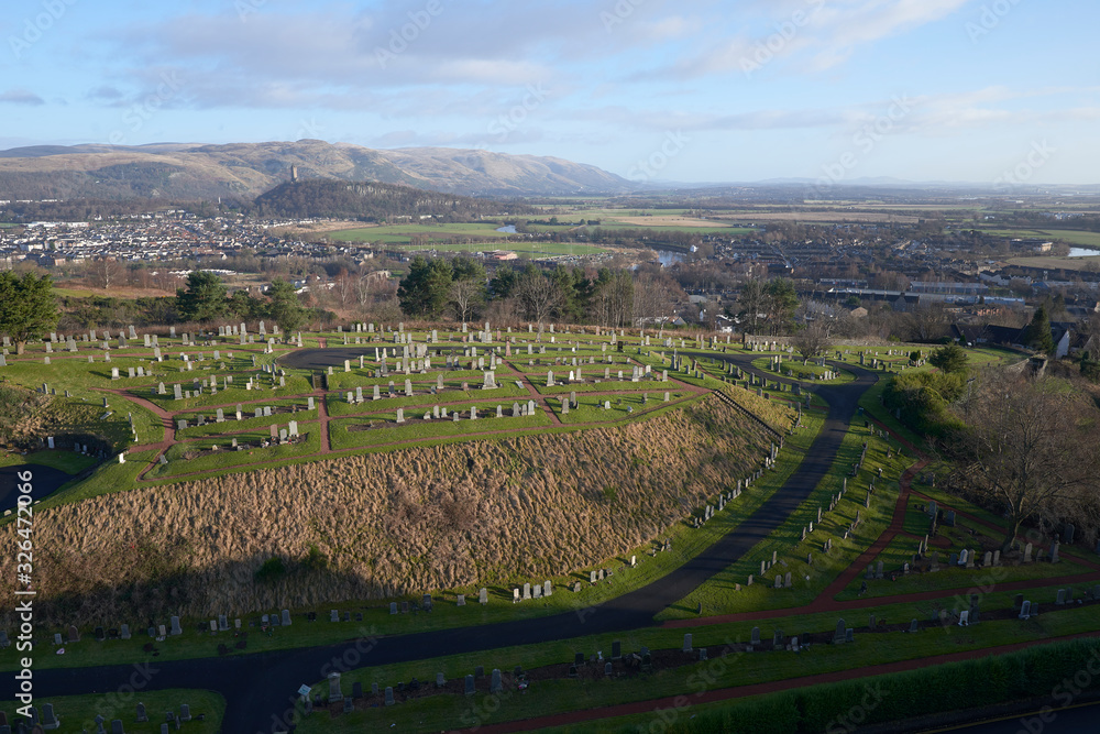 Landscape from Stirling Castle. In the background the monument to William Wallace and a cemetery. Edinburgh, Scotland, UK. 1-3-2019