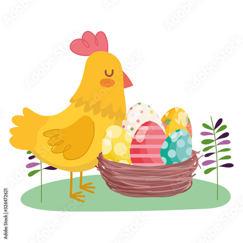 happy easter hen with basket filled eggs decoration