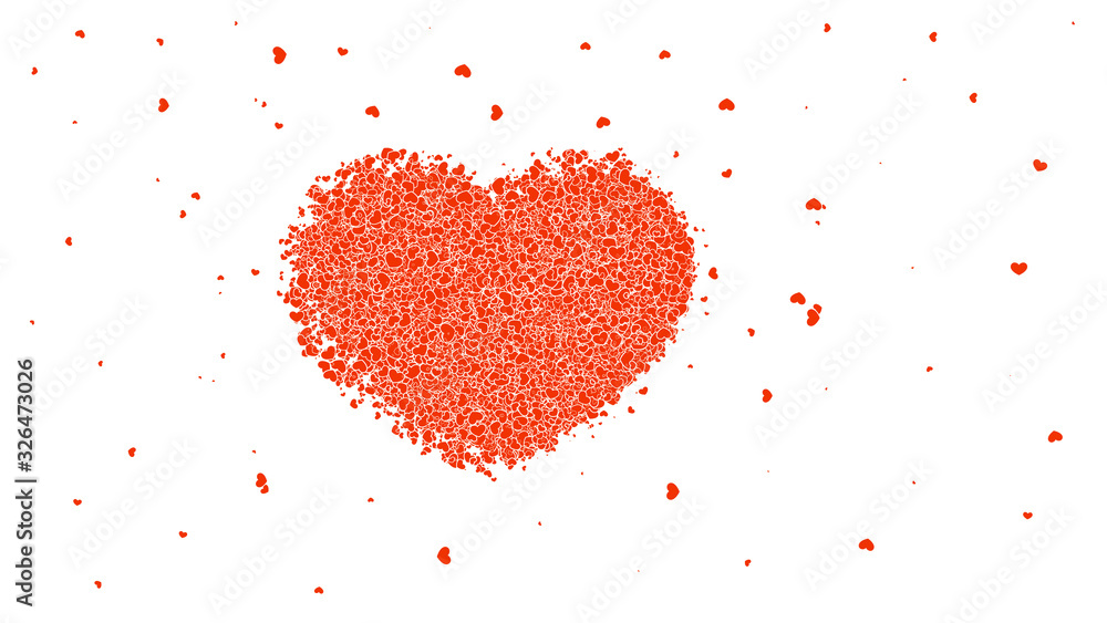 The red heart is scattered, confetti particles. Vector illustration isolated background.