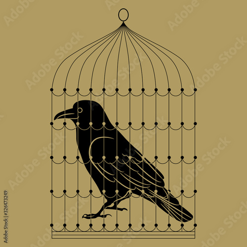 Isolated vector illustration. Captive raven in a cage. Black and gold silhouette.