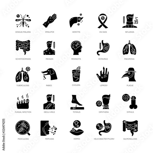 Infectious diseases black glyph icons set on white space. Different pandemic infections, contagious viral illnesses silhouette symbols. Various bacterial pathogens vector isolated illustration