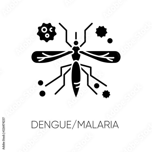 Dengue, malaria black glyph icon. Tropical infectious disease, dangerous mosquito borne illness silhouette symbol on white space. African blood sucking insect vector isolated illustration