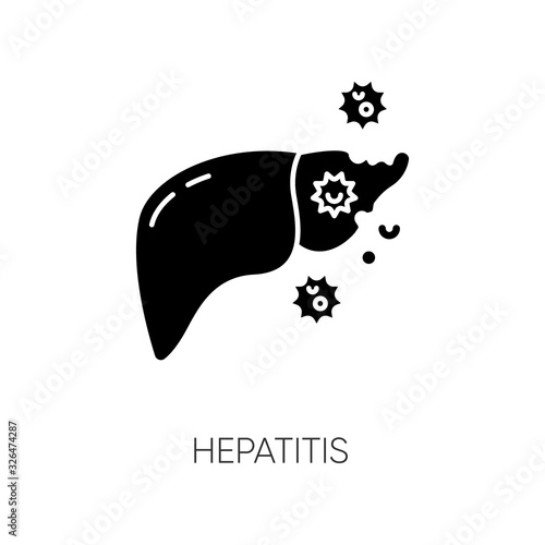 Hepatitis black glyph icon. Contagious liver disease, viral infection silhouette symbol on white space. Chronic cirrhosis, jaundice. Human organ and bacteria cells Vector isolated illustration
