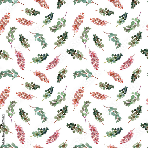 Watercolor eucalyptus branches seamless pattern. Hand painted floral texture with plant objects on white background. Natural tropical wallpaper