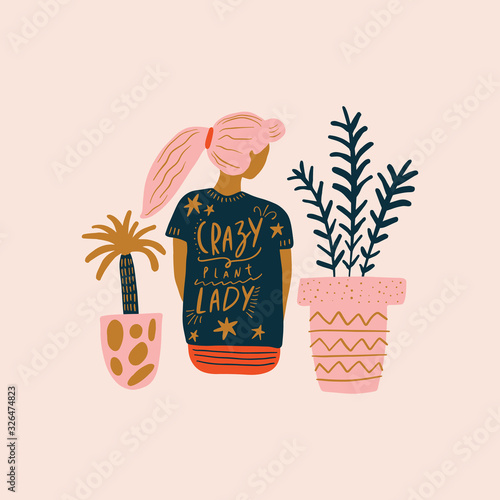 Cute young girl sitting with plants in pots. Growing potted flowers. Crazy plant lady illustration, gardening love, urban jungle woman lettering t-shirt concept. Vector EPS clip art