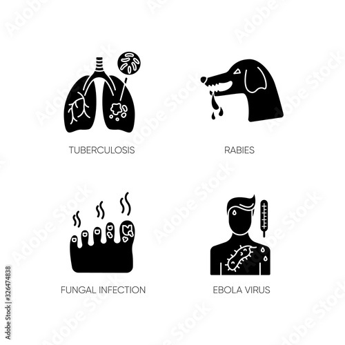 Viral and infectious diseases black glyph icons set on white space. Tuberculosis, rabies, fungal infection and ebola virus silhouette symbols. Dangerous illnesses vector isolated illustration