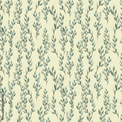 Watercolor eucalyptus branches seamless pattern. Hand painted floral texture with plant objects on white background. Natural tropical wallpaper