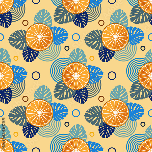 Seamless pattern with oranges and leaves of tropical plants on an orange background. Summer theme with citrus fruits. Can be used for web, printing on fabrics and for creating banners