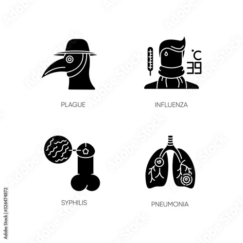 Viral infections black glyph icons set on white space. Plague, influenza, syphilis and pneumonia silhouette symbols. Contagious respiratory and venereal diseases vector isolated illustration