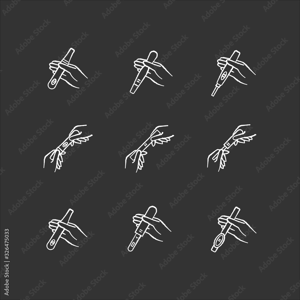 Early pregnancy sign chalk white icons set on black background. Positive test for pregnant woman. Fertility and ovulation. Gynecology check. Isolated vector chalkboard illustrations